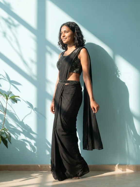 Georgette Black Designer Sequins Work Ready to Wear Saree - Image 4