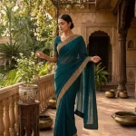 Georgette Peacock Blue Saree with Multicolor Embroidered Border
