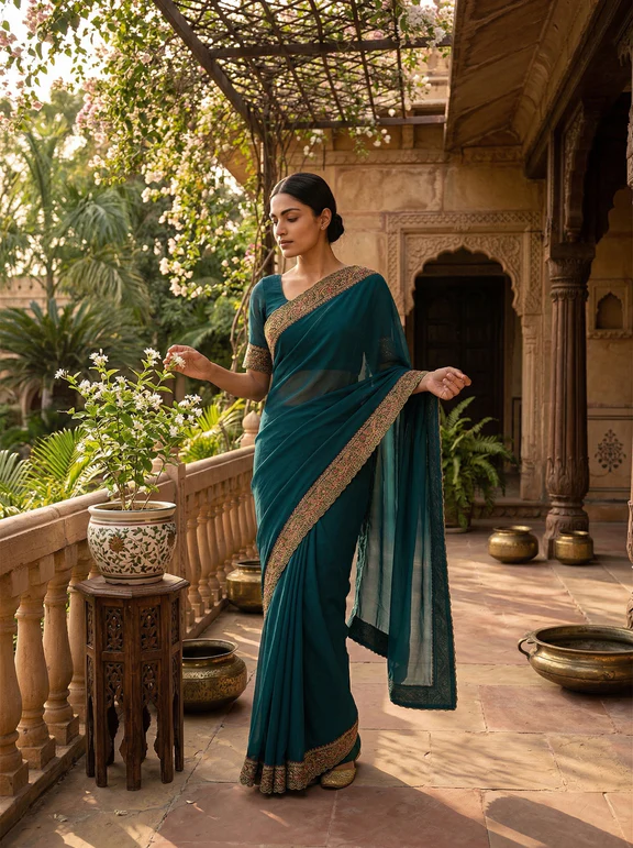 Georgette Peacock Blue Saree with Multicolor Embroidered Border