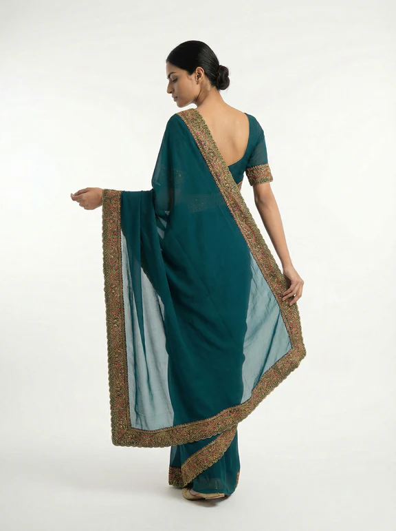 Georgette Peacock Blue Saree with Multicolor Embroidered Border - Image 2