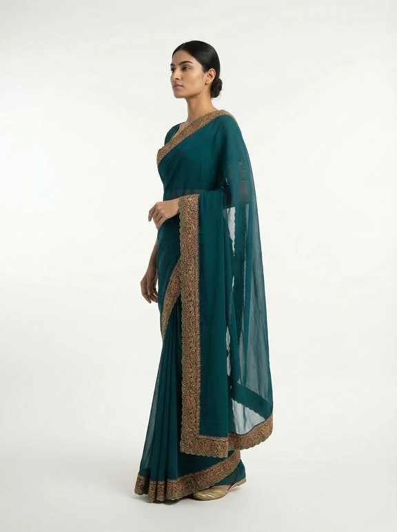 Georgette Peacock Blue Saree with Multicolor Embroidered Border - Image 3