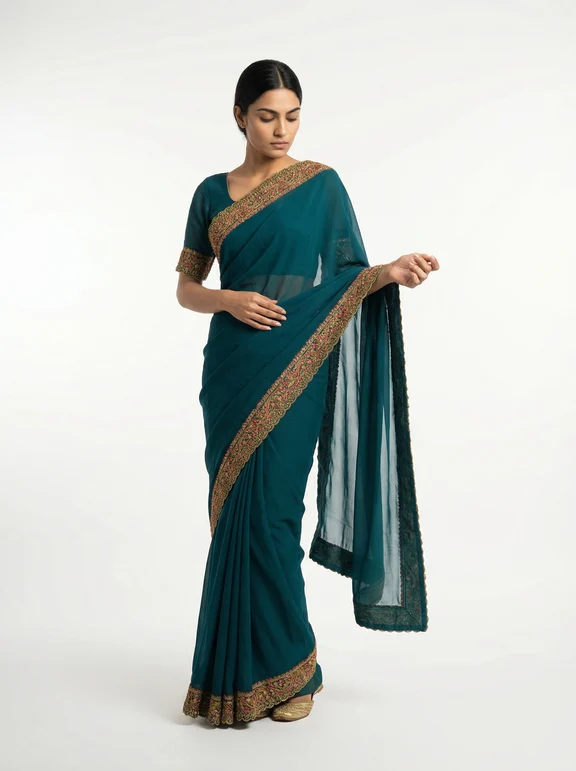 Georgette Peacock Blue Saree with Multicolor Embroidered Border - Image 4