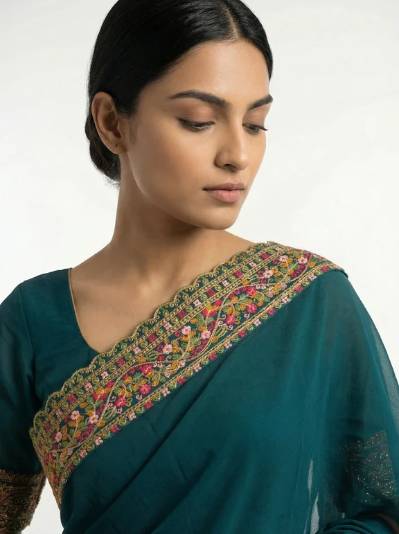 Georgette Peacock Blue Saree with Multicolor Embroidered Border - Image 5