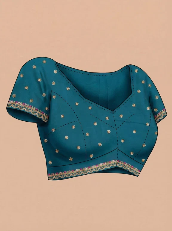 Georgette Peacock Blue Saree with Multicolor Embroidered Border - Image 6