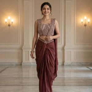 Satin Organza Dusty Rose Pink Ready-to-Wear Designer Saree with Crystal Embellished Blouse
