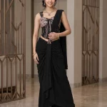 Lycra Satin Black Ready-to-Wear Designer Saree with Rose Gold Embellished Corset Blouse