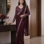 Jimmy Choo Wine Purple Designer Ready-to-Wear Saree with Heavy Embroidered Full Sleeve Blouse
