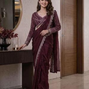 Jimmy Choo Wine Purple Designer Ready-to-Wear Saree with Heavy Embroidered Full Sleeve Blouse