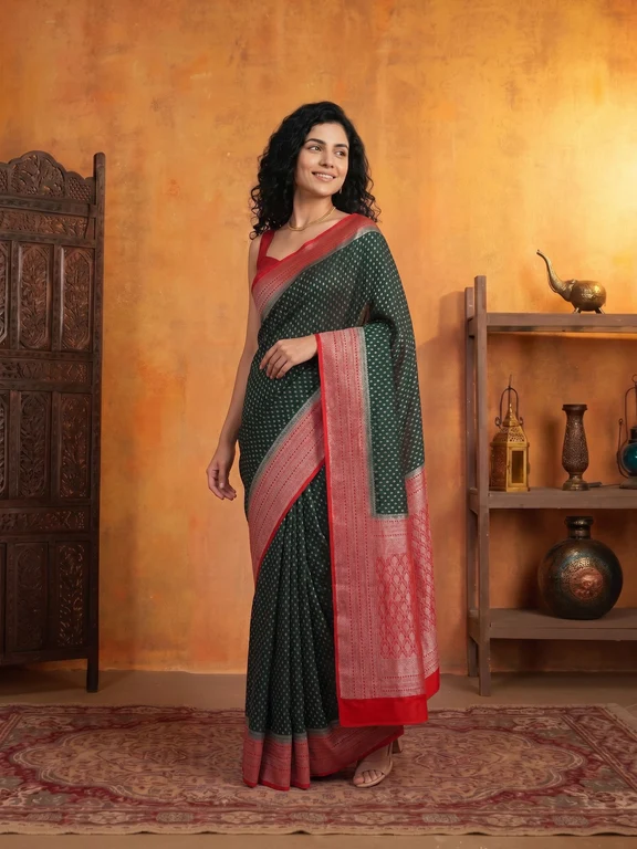 Georgette Banarasi Dark Green Saree with Silver Butti Motifs and Coral Pink Border - Image 3