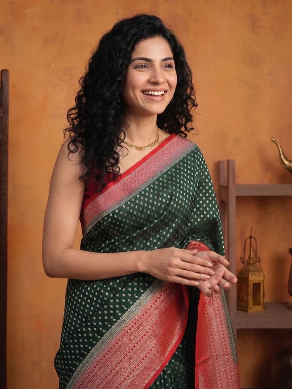 Georgette Banarasi Dark Green Saree with Silver Butti Motifs and Coral Pink Border - Image 4