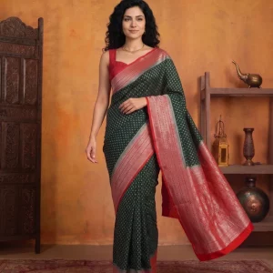 Georgette Banarasi Dark Green Saree with Silver Butti Motifs and Coral Pink Border