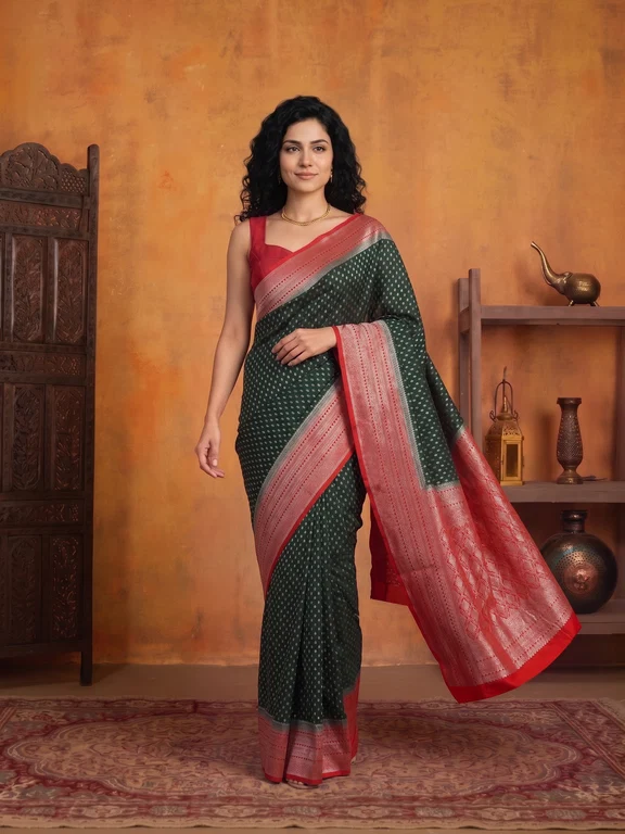 Georgette Banarasi Dark Green Saree with Silver Butti Motifs and Coral Pink Border