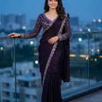 Jimmy Choo Deep Purple Designer Ready-to-Wear Saree with Embroidered Full Sleeve Blouse