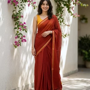 Mul Mul Cotton Rust Red Plain Saree with Golden Zari Border