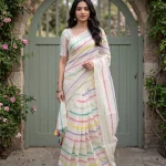 Cotton Cream Rainbow Stripe Ready-to-Wear Saree with Pastel Border