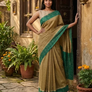 Chanderi Cotton Olive Green Border Saree