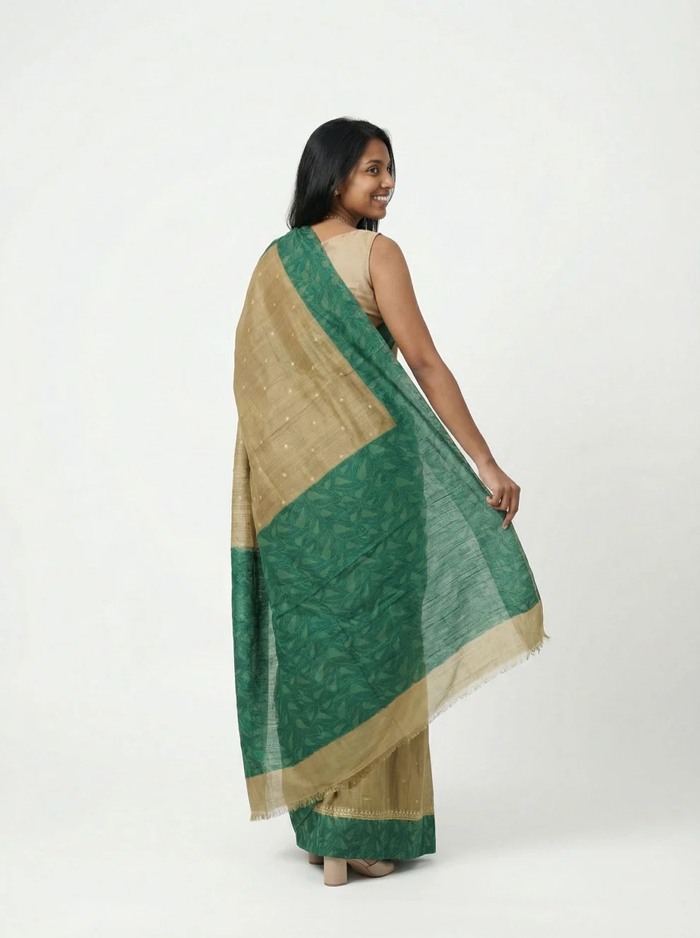 Chanderi Cotton Olive Green Border Saree - Image 5
