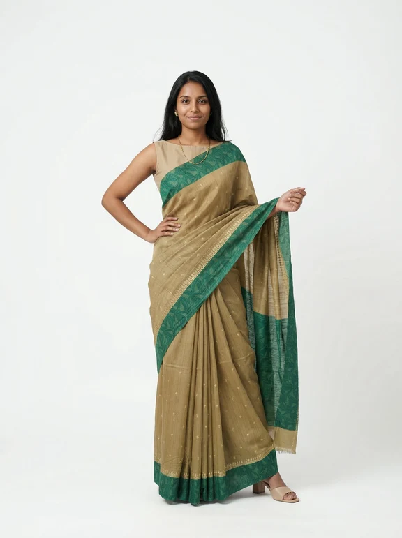 Chanderi Cotton Olive Green Border Saree - Image 4
