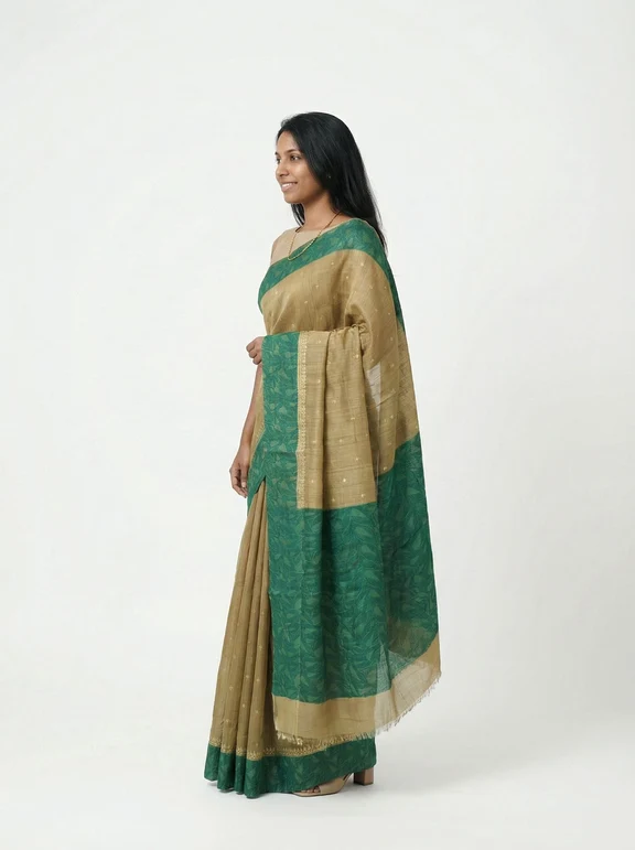 Chanderi Cotton Olive Green Border Saree - Image 3