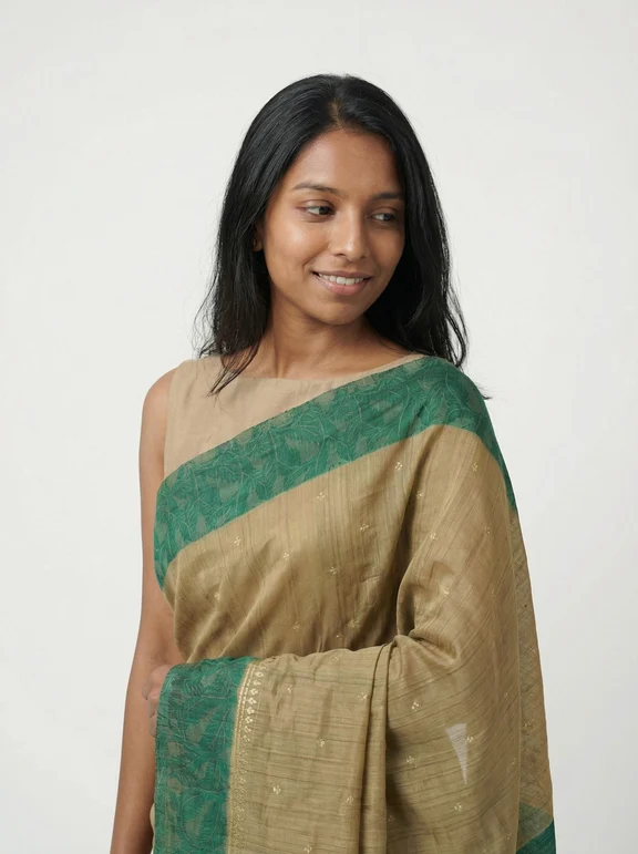 Chanderi Cotton Olive Green Border Saree - Image 2