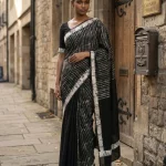 Cotton Black Modern Abstract Stripe Saree for Women
