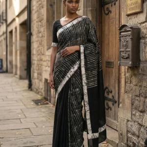 Cotton Black Modern Abstract Stripe Saree for Women