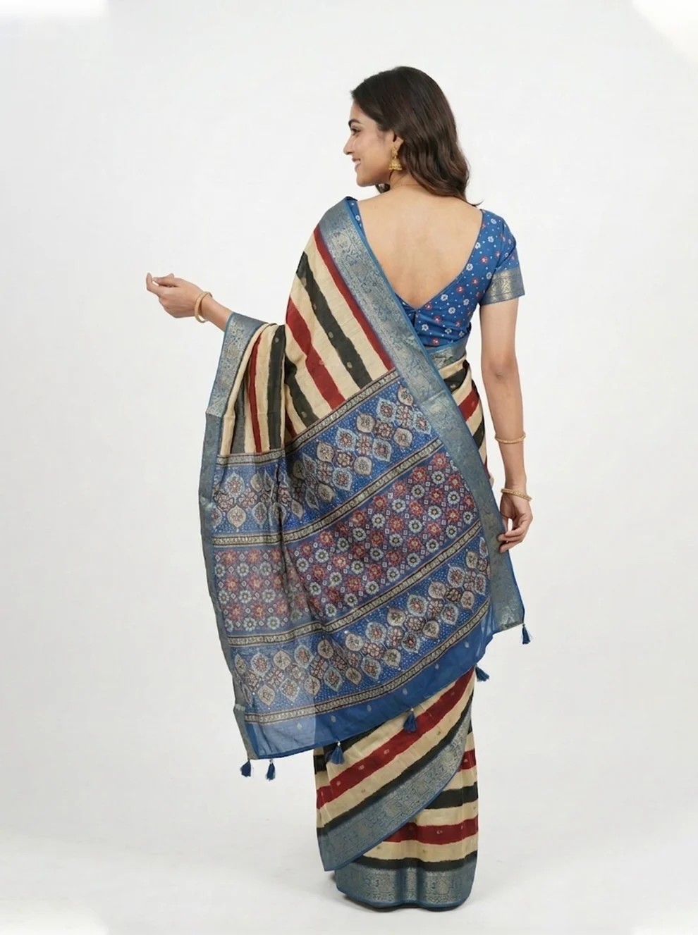 Chanderi Cotton Multicolor Striped Saree - Image 2