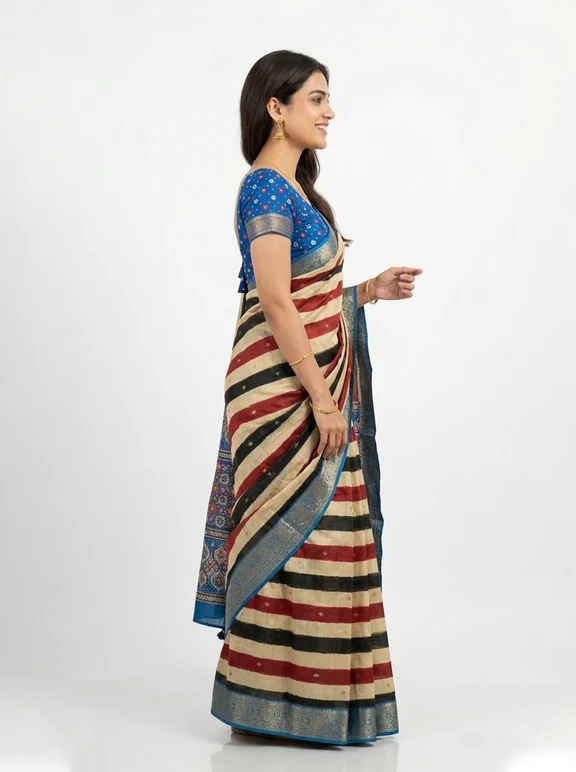 Chanderi Cotton Multicolor Striped Saree - Image 3