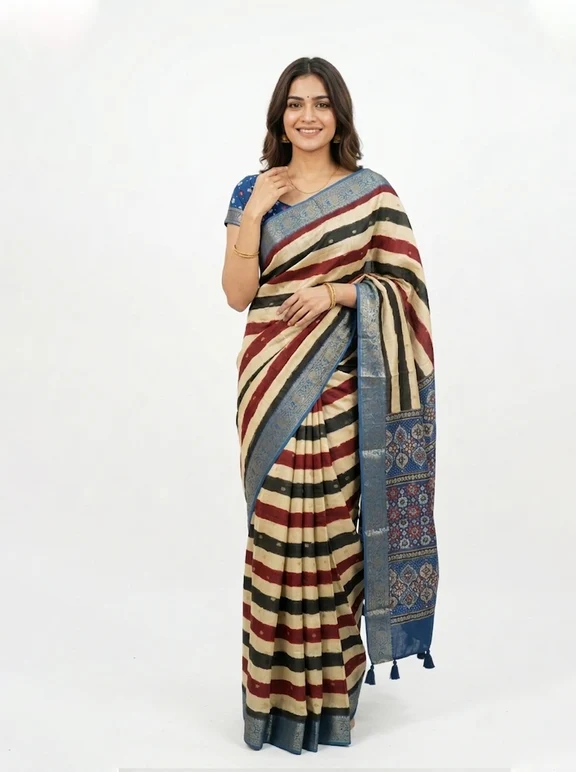Chanderi Cotton Multicolor Striped Saree - Image 4