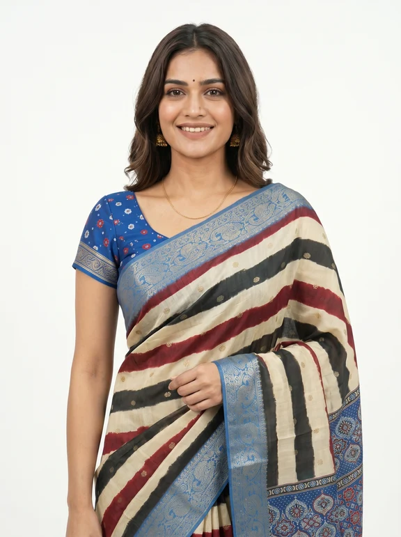 Chanderi Cotton Multicolor Striped Saree - Image 5