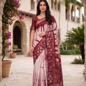 Chanderi Cotton Silk Maroon White Shibori Batik Border Saree with Zari Trim