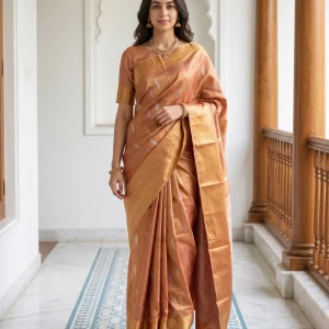 Semi Silk Copper Gold Paisley Zari Border Wedding Saree