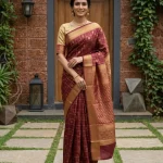 Semi Silk Maroon Gold Zari Check Saree with Temple Border