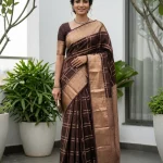 Kanjivaram Silk Coffee Brown Checked Saree with Gold Border