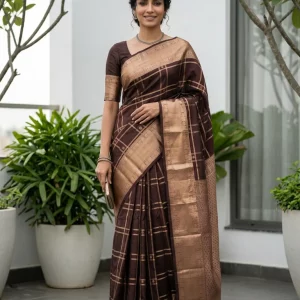Kanjivaram Silk Coffee Brown Checked Saree with Gold Border