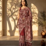 Organza Silk Crimson Red Floral Embroidered Saree with Scalloped Border & Tassel Pallu