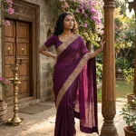Vichitra Silk Wine Purple Embroidered Saree with Rich Gold Floral Border