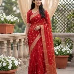 Semi Georgette Banarasi Red Gold Zari Elephant Motif Paisley Border Saree
