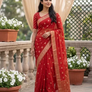 Semi Georgette Banarasi Red Gold Zari Elephant Motif Paisley Border Saree