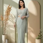 Georgette Mint Grey Floral Embroidered Ready to Wear Designer Saree