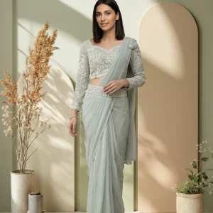 Georgette Mint Grey Floral Embroidered Ready to Wear Designer Saree