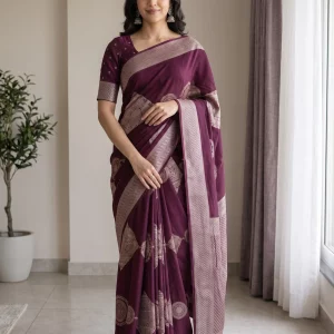 Georgette Wine Rose Gold Geometric Diamond Print Saree with Chevron Borde
