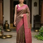 Kanjivaram Olive Green Saree with All-Over Floral Jaal Weave & Pink Contrast Border