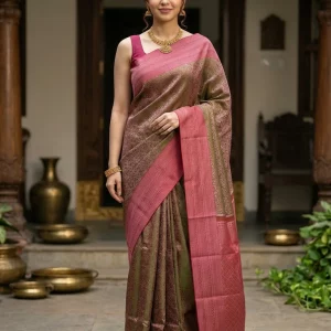 Kanjivaram Olive Green Saree with All-Over Floral Jaal Weave & Pink Contrast Border
