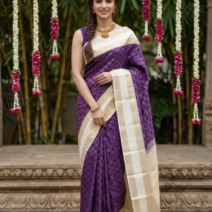 Kanjivaram Royal Purple Saree with Checked Gold Zari Pattern and Contrast Off White Zari Border
