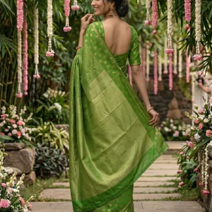 Kanjivaram Parrot Green Saree with All-Over Chevron Weave & Gold Floral Border