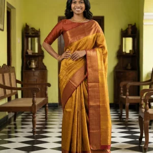 Kanjivaram Pure silk Mustard Gold Self-Design Saree with Copper Zari Border