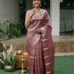 Kanjivaram Tissue Silk Rose Pink All-Over Horizontal Stripe Saree with Temple Border Pallu