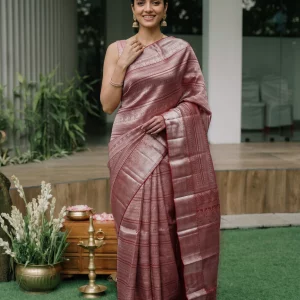 Kanjivaram Tissue Silk Rose Pink All-Over Horizontal Stripe Saree with Temple Border Pallu
