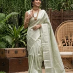 Kanjivaram Tissue Silk Sage Green All-Over Self-Tone Jaal Saree with Wide Zari Border Regular price ₹25,070.00
